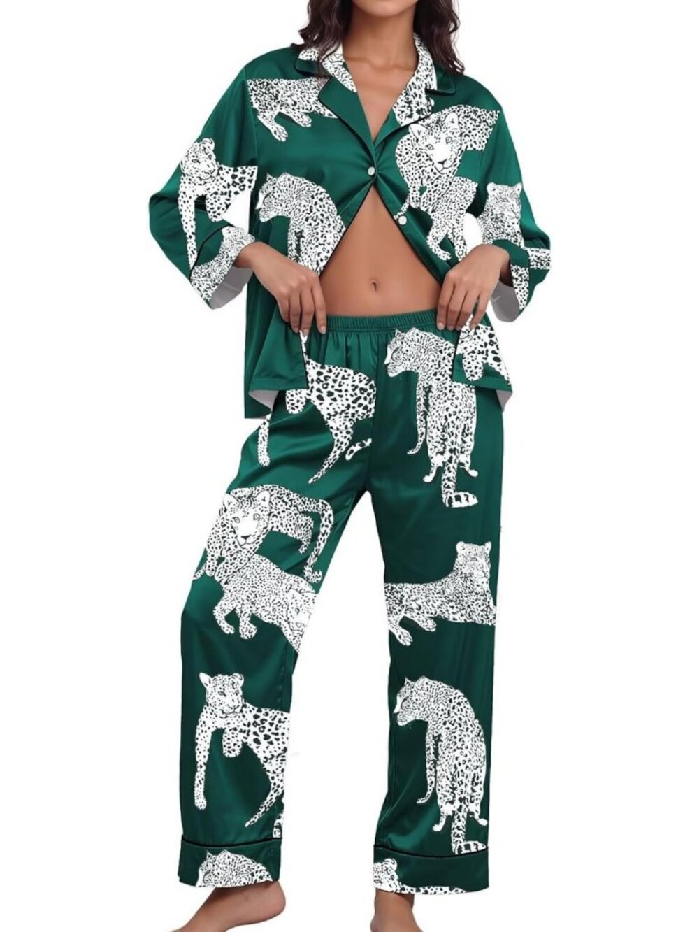 Silk Animal Print Pajama Set for Women | 2-Piece Satin Button-Up PJs